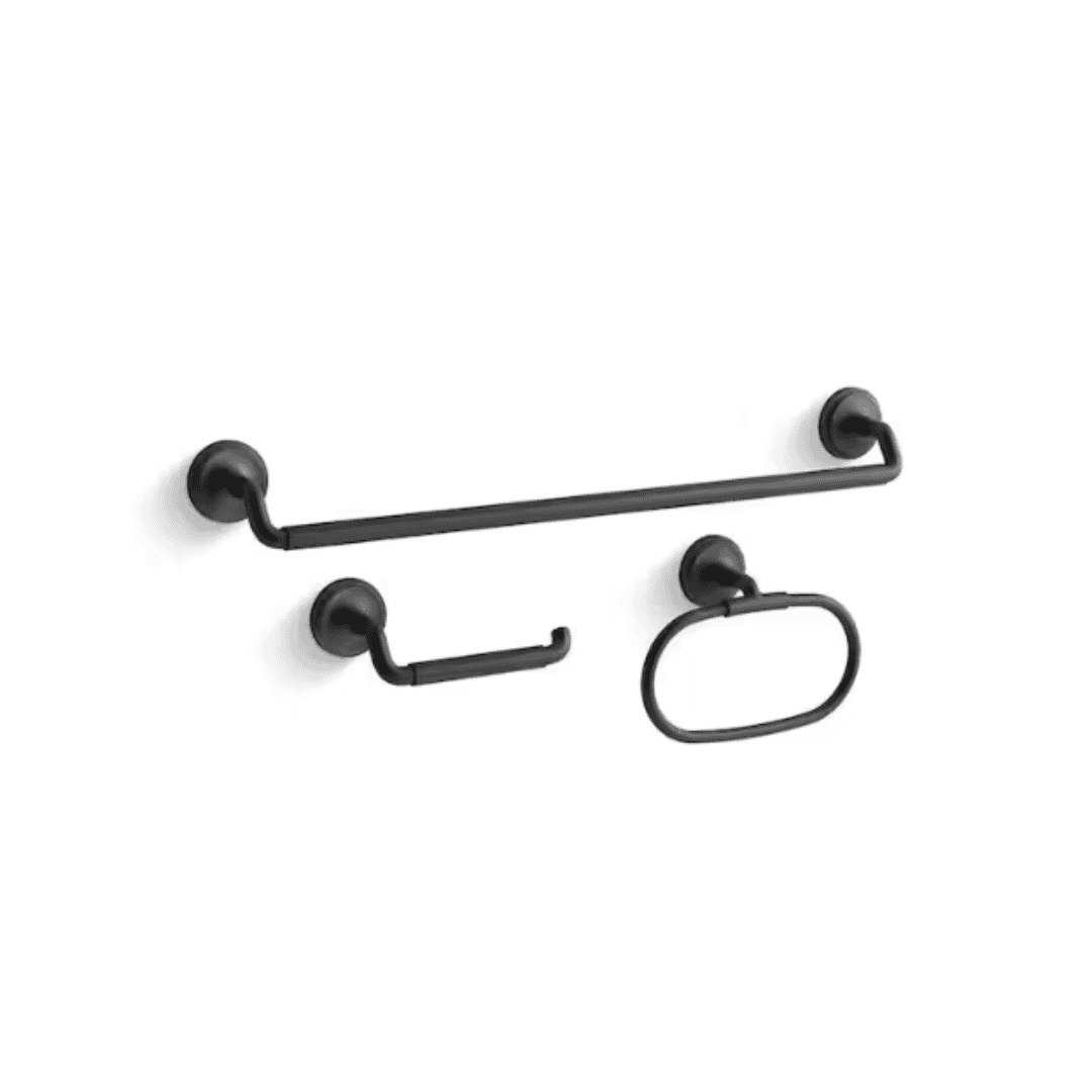 KOHLER R34490-BL Paces 3-Piece Bath Hardware Set with Towel Bar, Toilet Paper Holder and Hand Towel Holder in Matte Black