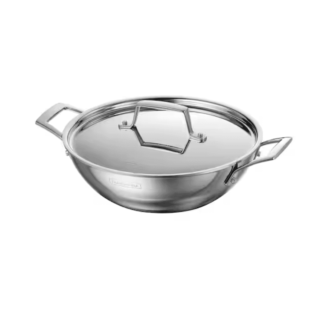 Tramontina 98050/011DS Utsava 2.75 Qt 10 in. Silver Stainless Steel Kadai Tri-Ply Clad Gas/Electric/Induction Wok with Lid