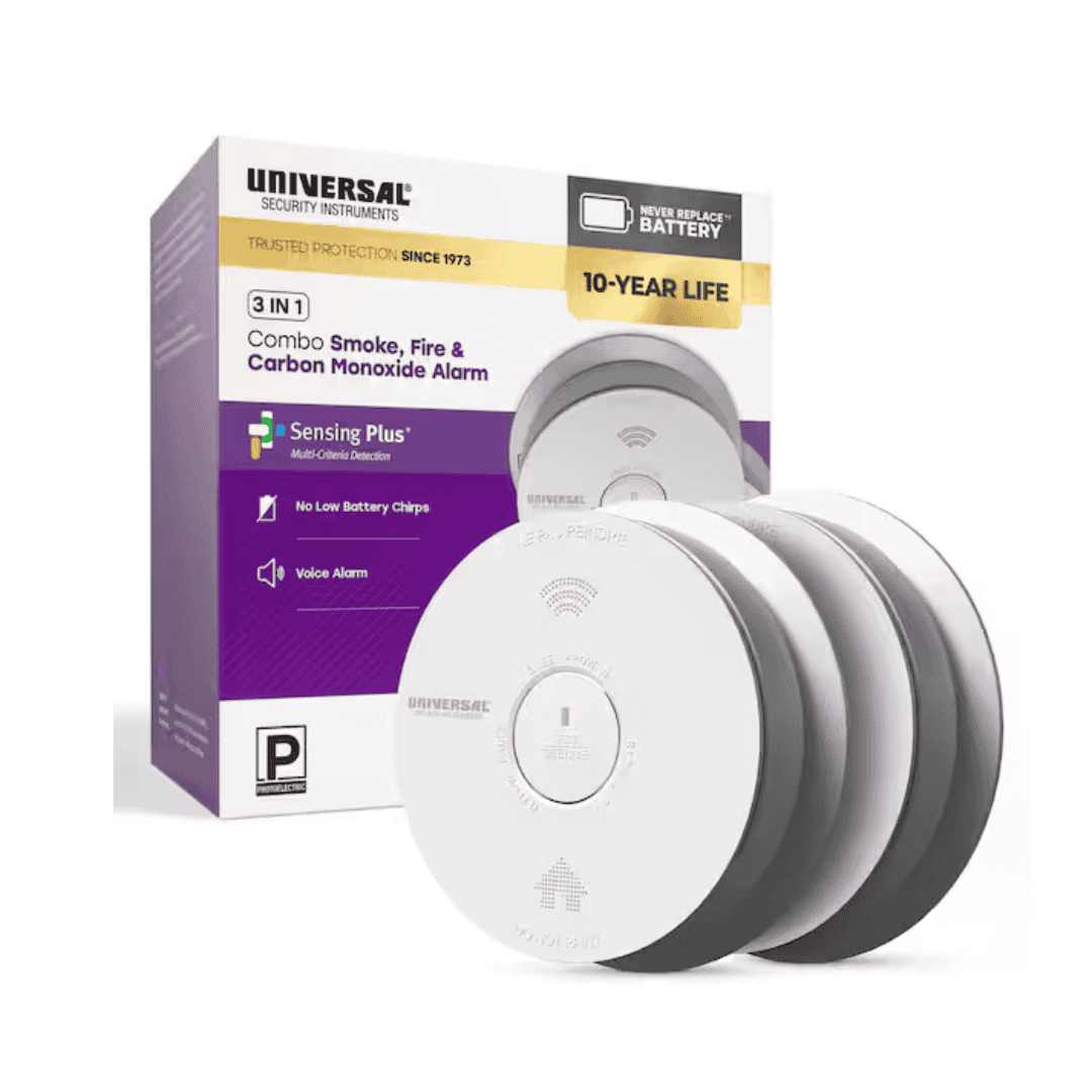 Universal Security Instruments USI/SMCO/10YR/V/2 2-Pack 10-Year Battery Combination Smoke and Carbon Monoxide Detector with Voice Alarm and LED Warning Light