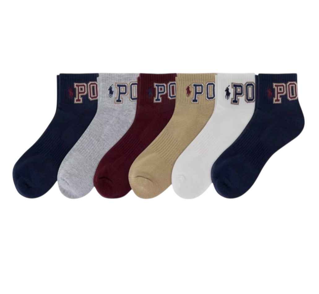 Polo Ralph Lauren 6 Pack Varsity Logo Performance QUARTER Cushion Socks 10-13