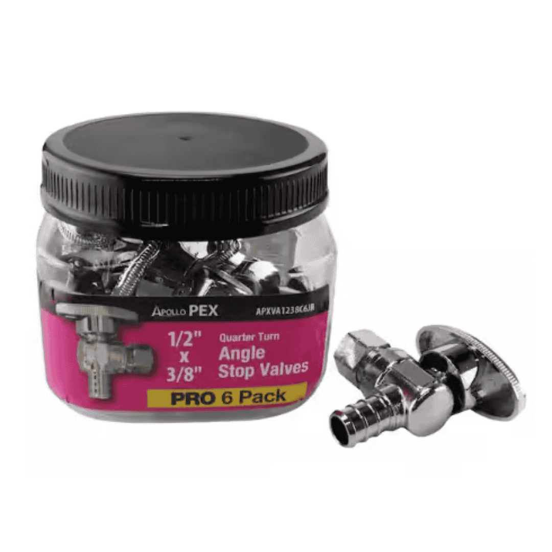 Apollo APXVA1238C6JR 1/2 in. Chrome-Plated Brass PEX-B Barb x 3/8 in. Compression Quarter-Turn Angle Stop Valve Pro Pack (6-Pack)