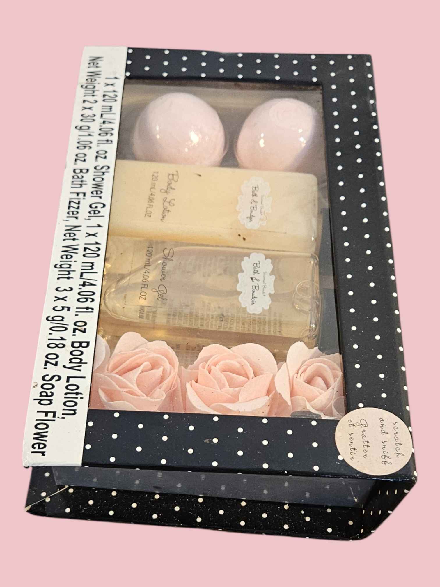 Bath & Boudior Shower Gel, 2 bath fizzies and 3 Soap Flowers – ITEM #3115