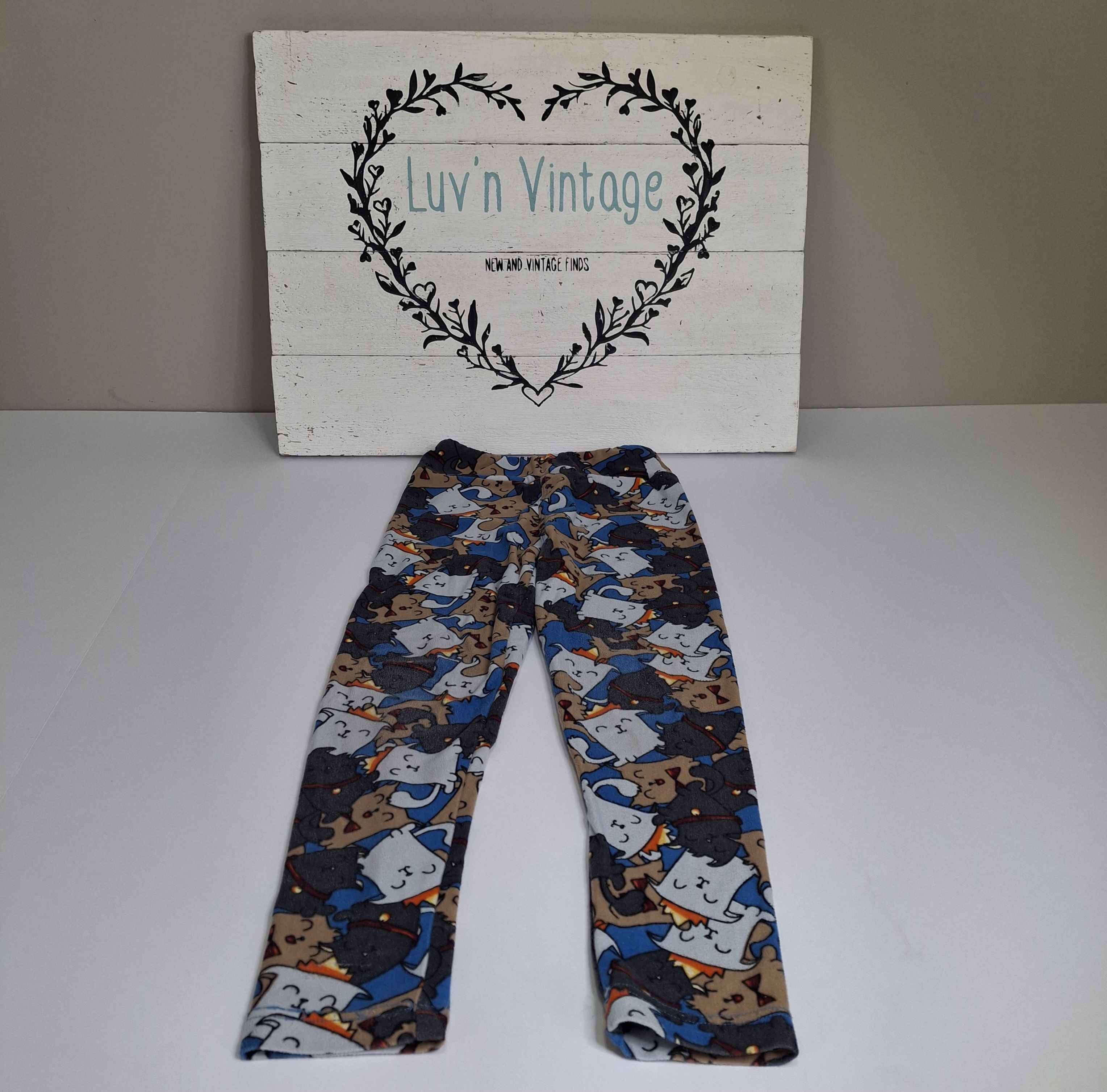 LuLaRoe Kids Leggings S/M Blue Grey Tan All Over Cat Print Stretchy Soft