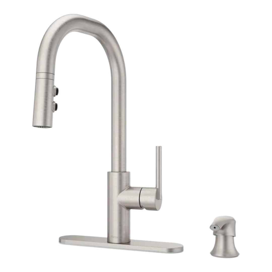 F-529-7ZNRGS Pull Down Sprayer Kitchen Faucet with Deckplate and Soap Dispenser in Stainless Steel Finish