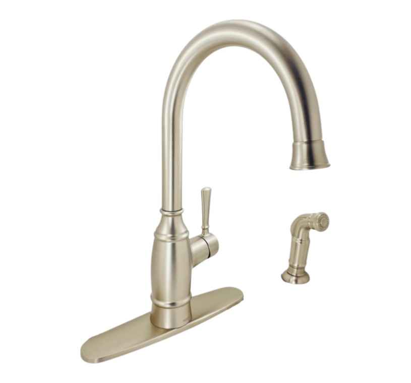 87506SRS Single-Handle Standard Kitchen Faucet with Side Sprayer in Stainless Steel Finish