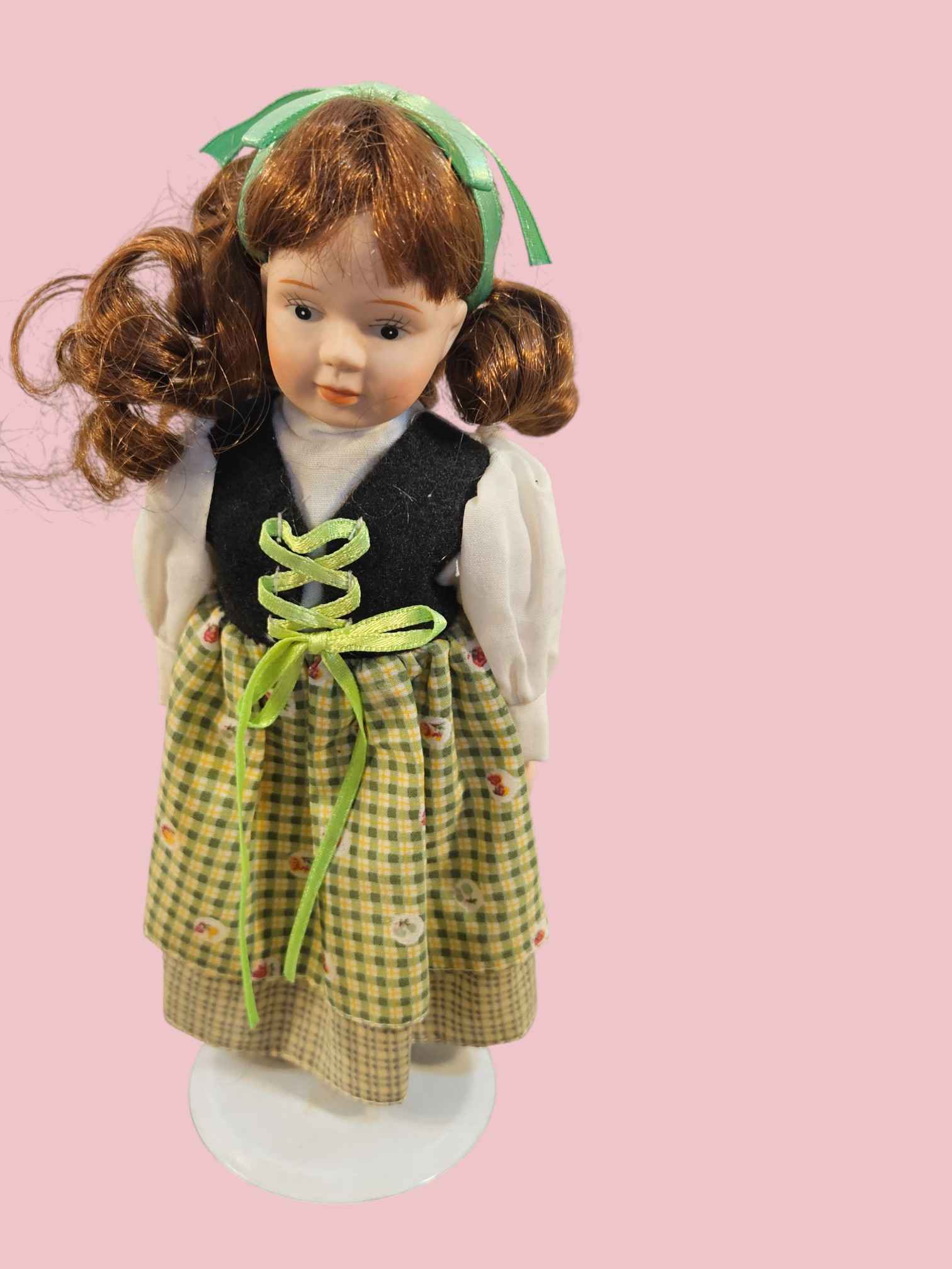 Vintage Porcelain Doll with Red Hair and Green Checkered Dress — ITEM #3104