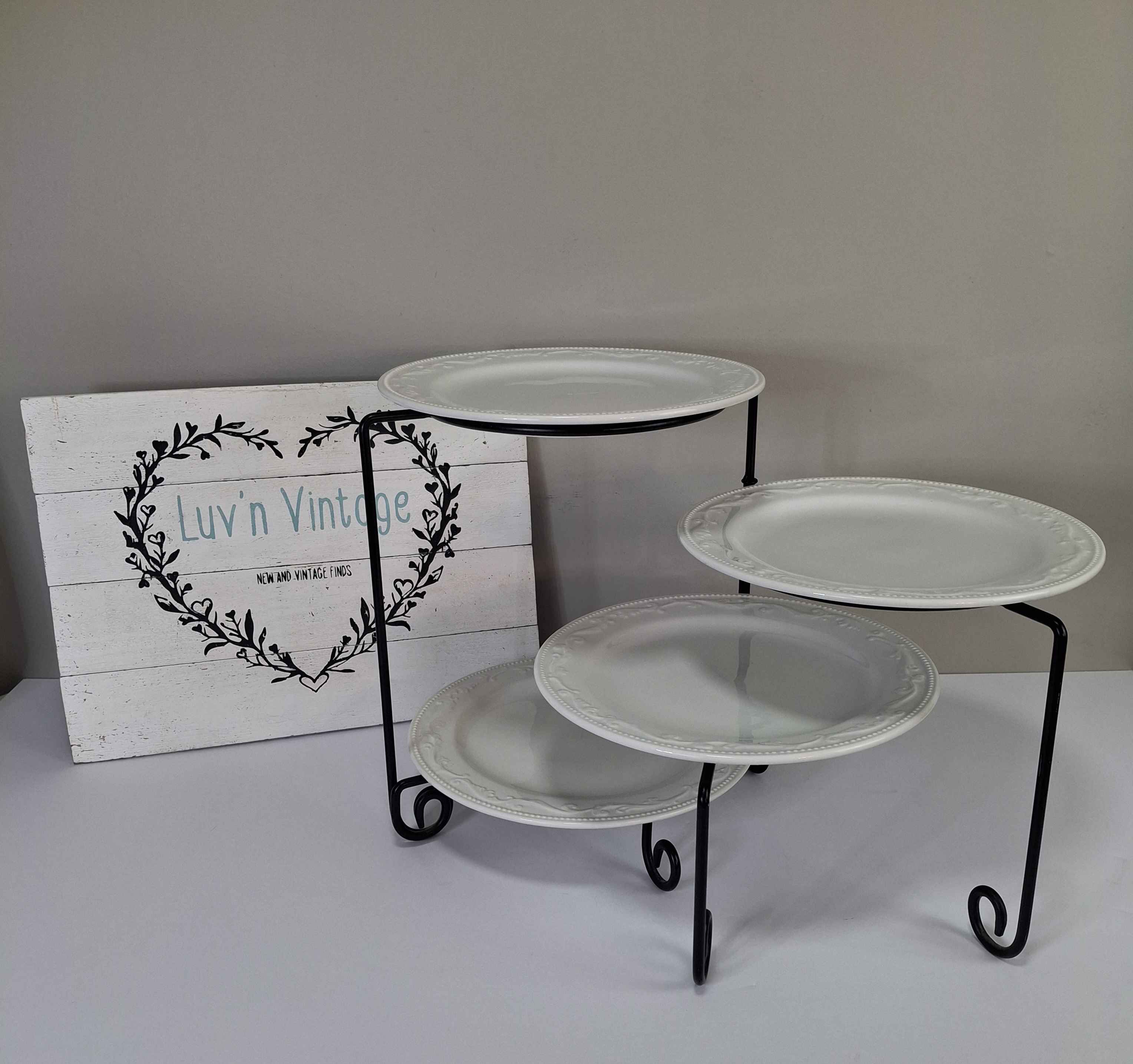 White Ceramic Plate Display Stand Black Metal Tiered Server Appetizer Dessert