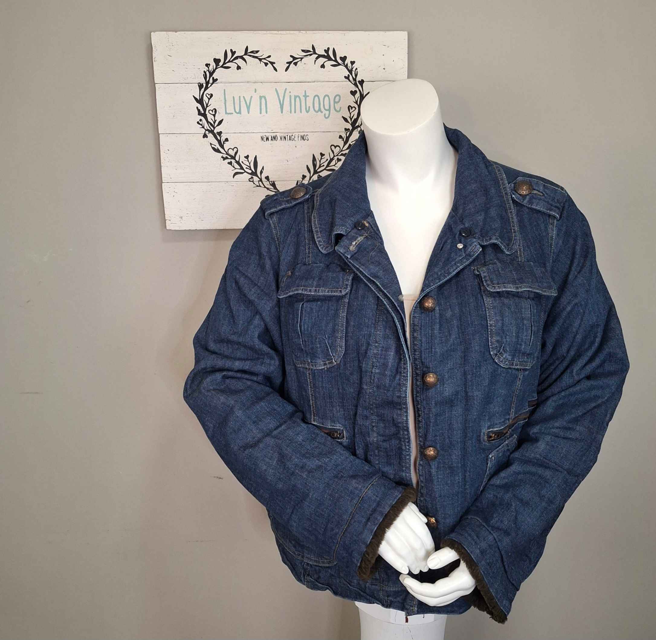 Womens Denim Jacket Utility Pockets Zipper Accents Button Front Size 30 32