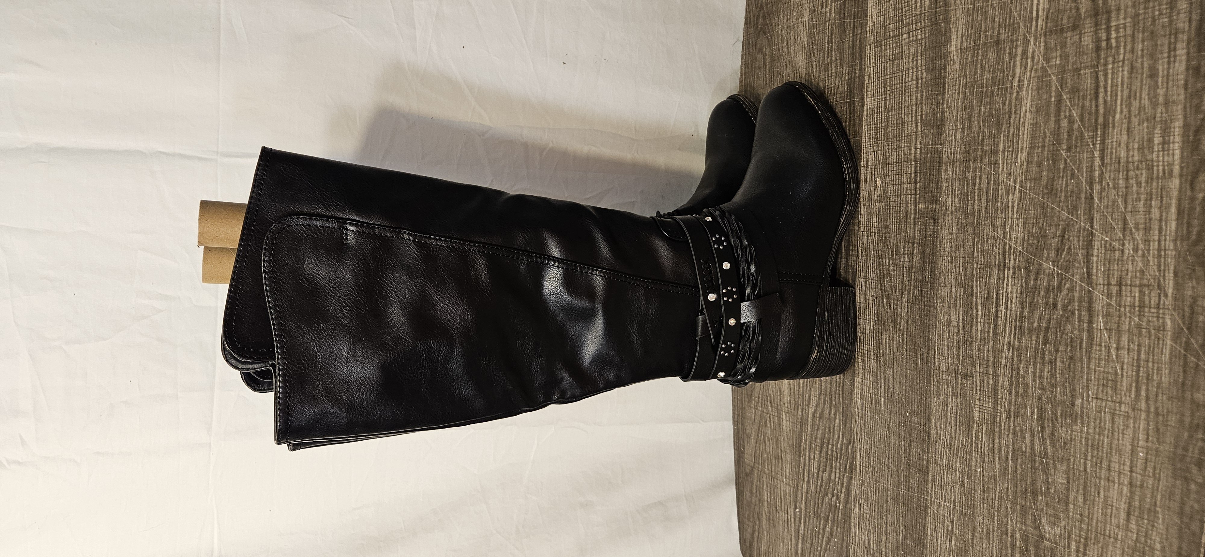 womens-black-knee-high-riding-boots-size-6-5-features-braided-and-studded-strap-details-around-the-ankle-inside-zip-up-closure-excellent-used-condition-item-3469