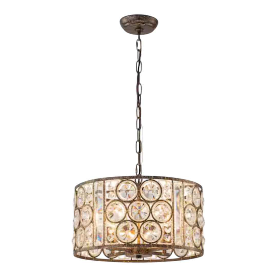 HUOKU PD1059131 Iridescent 4-Light Vintage Crystal Drum Antique Bronze Chandelier Retro Classic Round Lighting Fixture for Dining Room