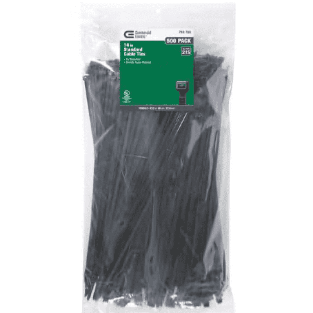 Commercial Electric GT-370STB(500) 14in Standard 50lb Tensile Strength UL 21S Rated Cable Zip Ties 500 Pack UV (Black)
