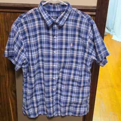 IZOD Men's Blue White Yellow Plaid Short Sleeve Button-Up Shirt XL