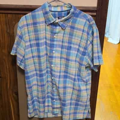 IZOD Men's Blue Yellow Green Pink Plaid Short Sleeve Button-Up Shirt XL