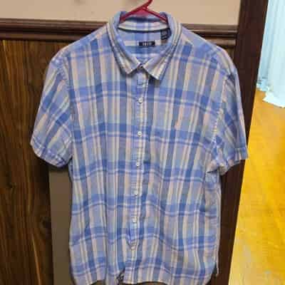 IZOD Men's Blue Yellow White Plaid Short Sleeve Button-Up Shirt XL
