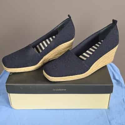 Liz Claiborne Kellie Navy Espadrille Stretch Floral Wedge Shoes 8.5M Women