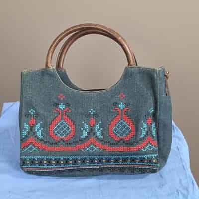 Relic Denim Leather Purse Embroidered Arts & Crafts Design Women's Handbag