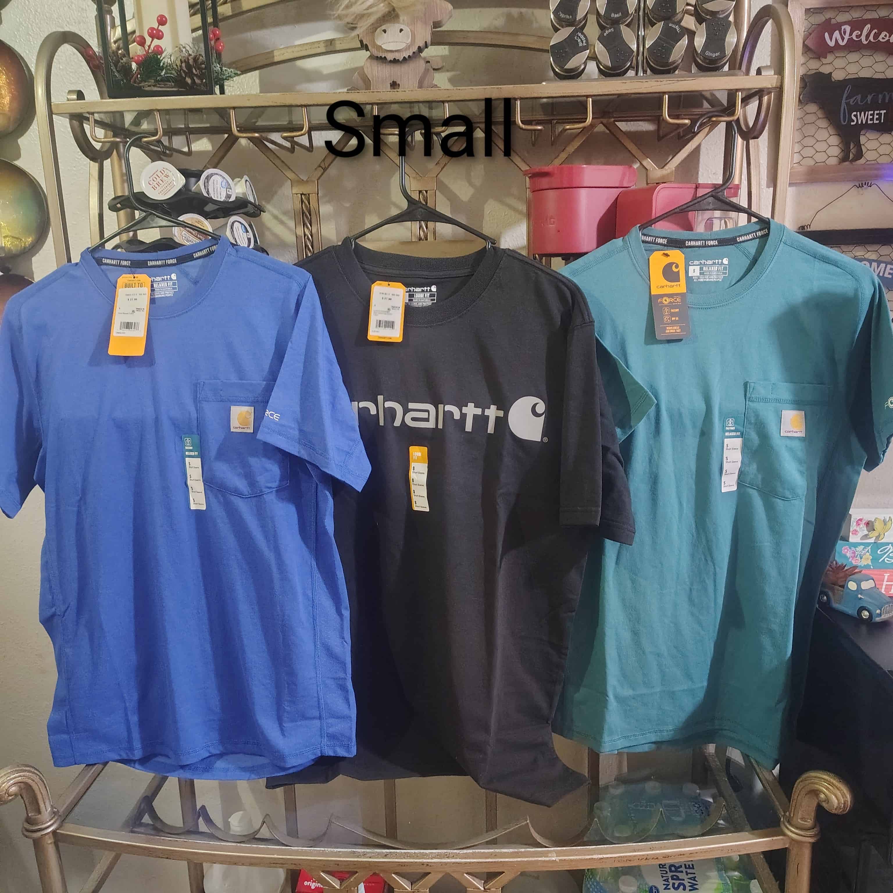6 New men’s Sm loose fit Carhartt T-Shirts and one long sleeve t-shirt