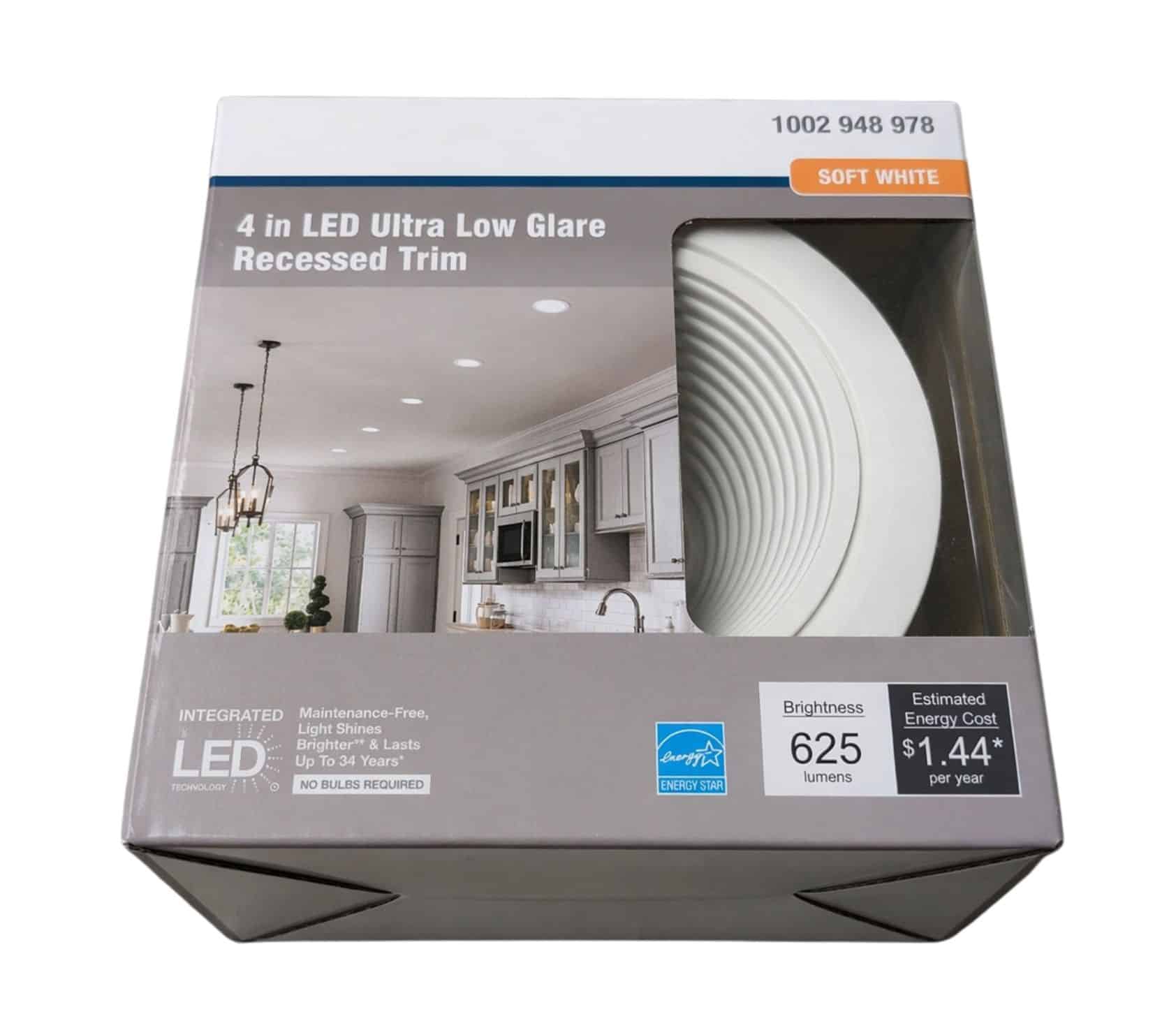 Commercial Electric 53196102 4 in. White Low Glare Integrated LED Recessed Light Trim 625 Lumens 3000K Soft White Kitchen Bedroom Office