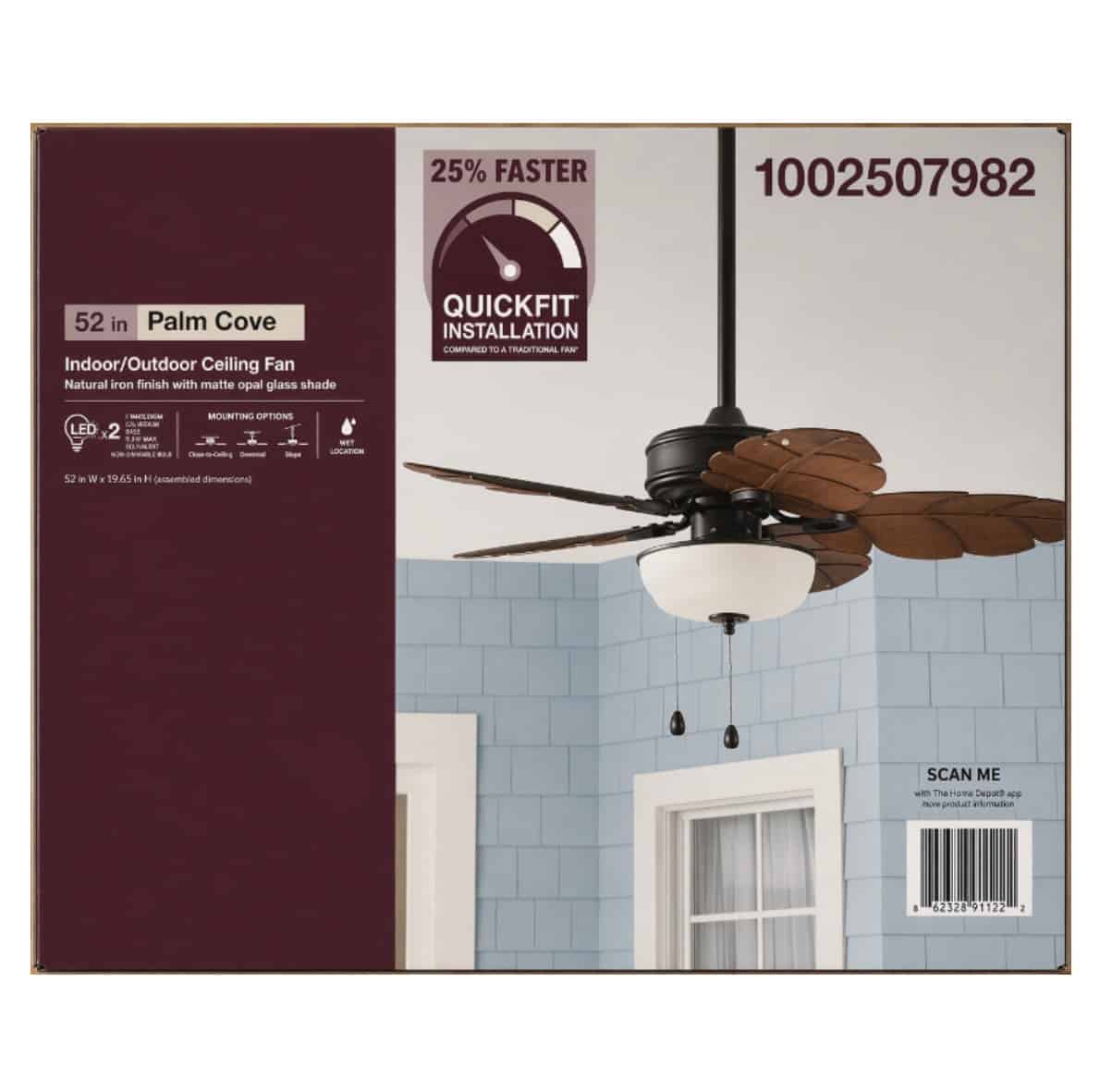 51422 52 in. Indoor/Outdoor LED Natural Iron Ceiling Fan with Light Kit, Downrod and Reversible Motor