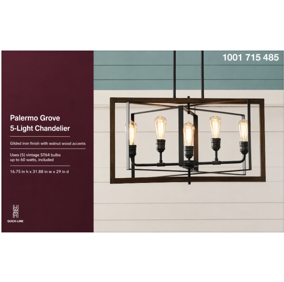 7922HDC 31.88 in. 5-Light Black Gilded Iron Linear Farmhouse Chandelier