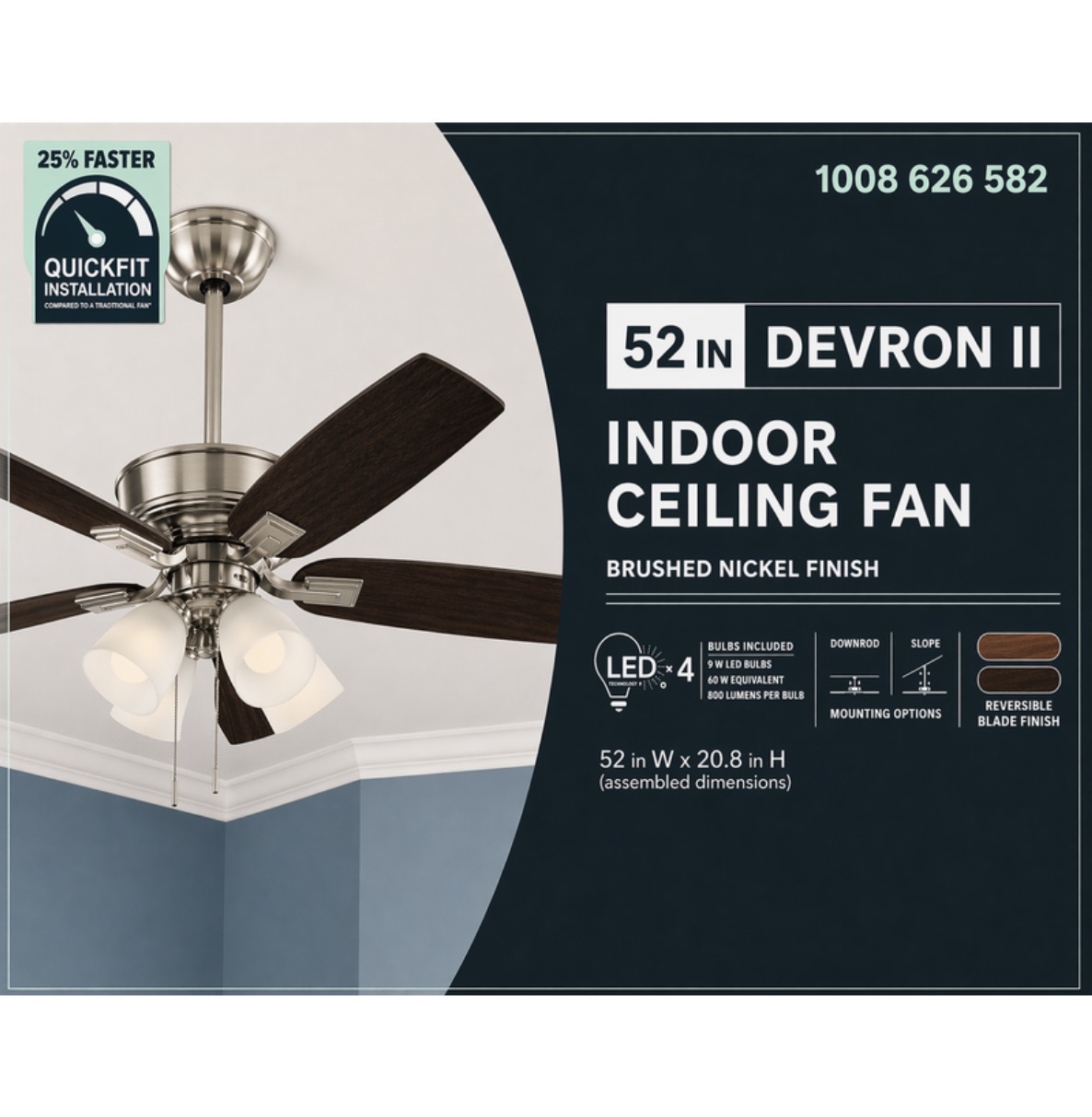 57333 II 52 in. Indoor Brushed Nickel LED Ceiling Fan with Light Kit, Downrod and Reversible Blades