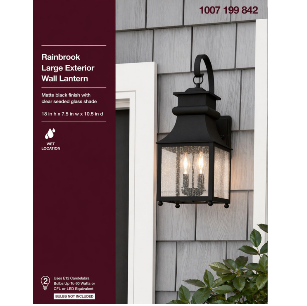 13654 18 in. 2-Light Matte Black Outdoor Wall Light Fixture with Seeded Glass
