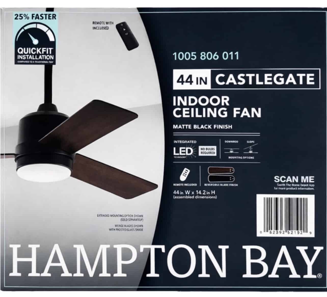 52192 44 in. Indoor Integrated LED Matte Black Ceiling Fan with 3 Reversible Blades, Light Kit and Remote Control