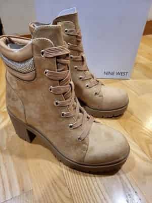 Nine West Women's Quona Lace-Up Combat Booties, Size 8 M, Rhinestone Detail