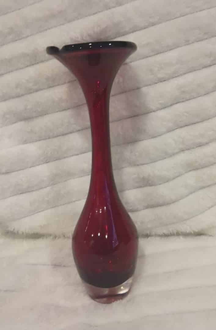 Ruby Red Tall Blown Bud Vase Tulip Shaped Top